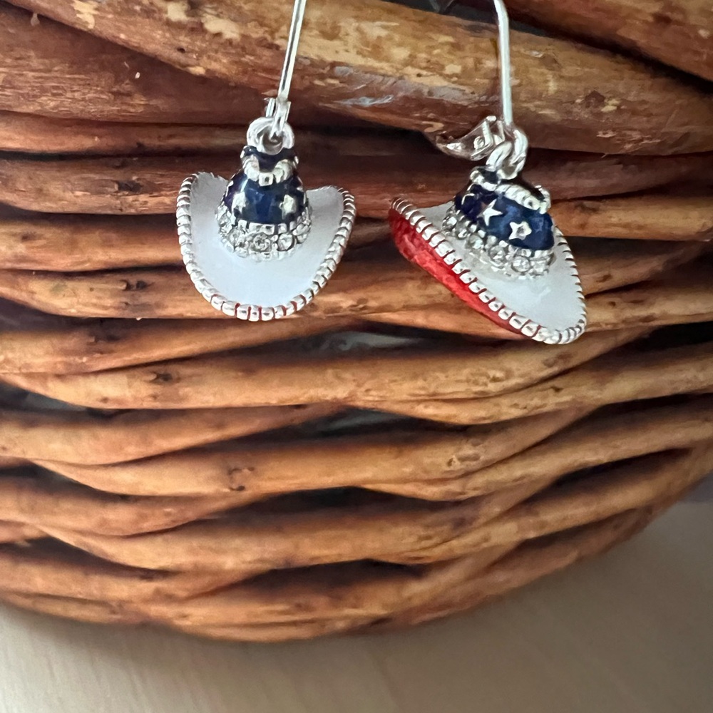 Cowboy Hat Earrings in Red, White & Blue with crystal accents